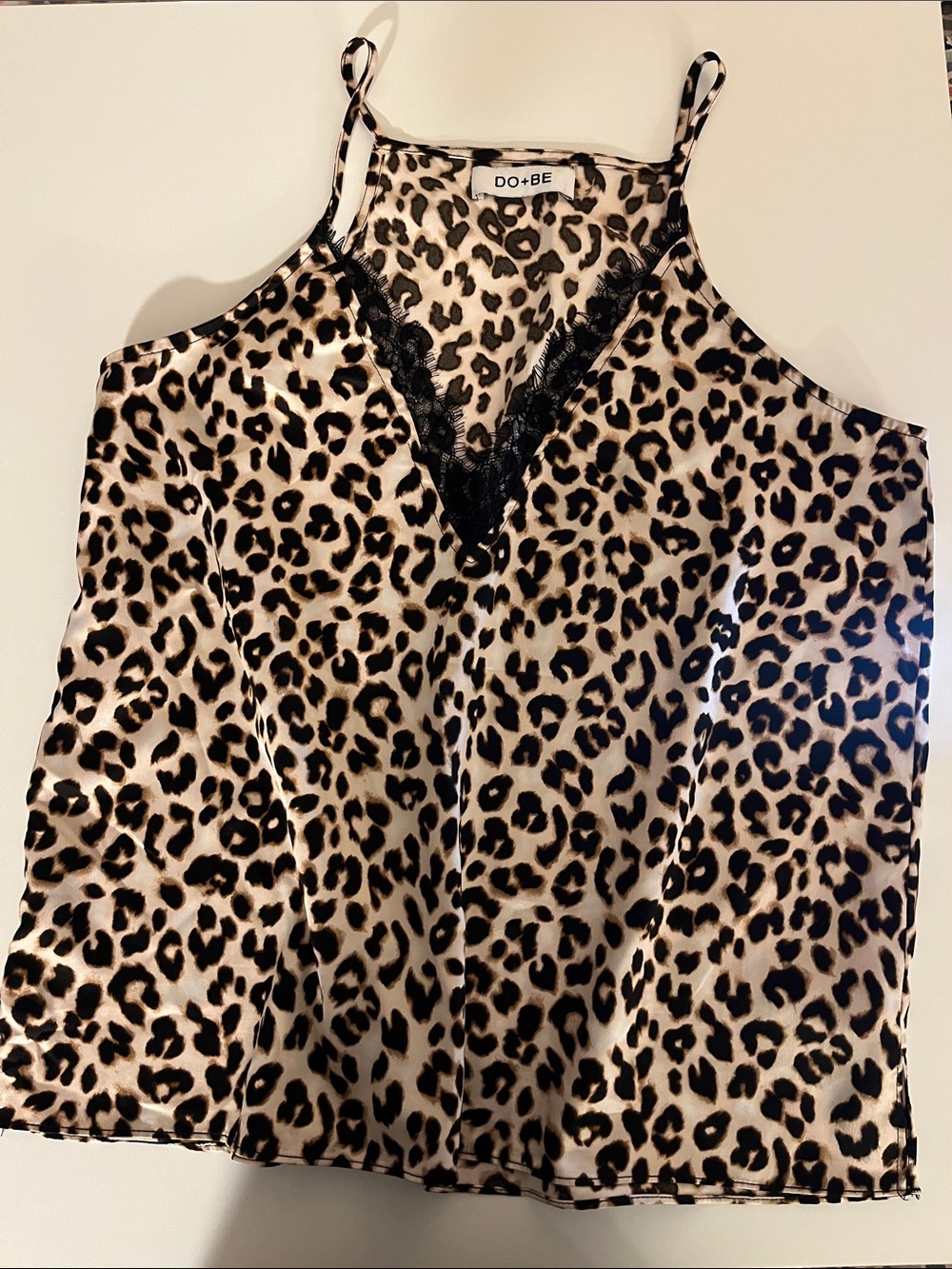 DO+BE Leopard Satin Cami with Black Lace Trim - Beige & Black